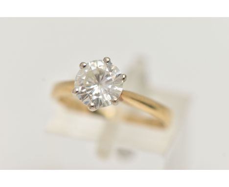 A 9CT GOLD MOISSANITE RING, the brilliant cut moissanite in a six claw setting, with 9ct hallmark, ring size K, approximate w