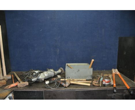 A COLLECTION OF VINTAGE TOOLS including a metal tools chest, a Wolf Portable grinder, a Wolf Drill (both untested), pipe thre