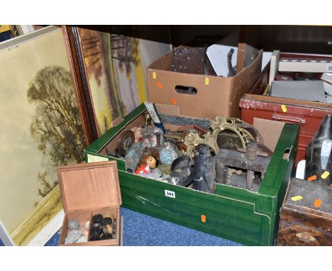 TWO BOXES, A TRUNK AND LOOSE METAL WARES, PICTURES, CRAFT SUPPLIES AND SUNDRY ITEMS, to include a red metal trunk, height 33c