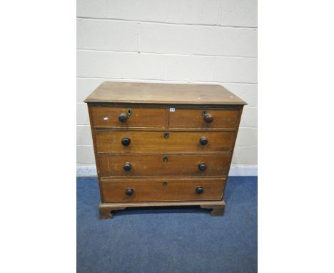 A GEORGIAN OAK CHEST OF TWO SHORT OVER THREE LONG DRAWERS, on bracket feet, width 107cm x depth 59cm x height 106cm (conditio