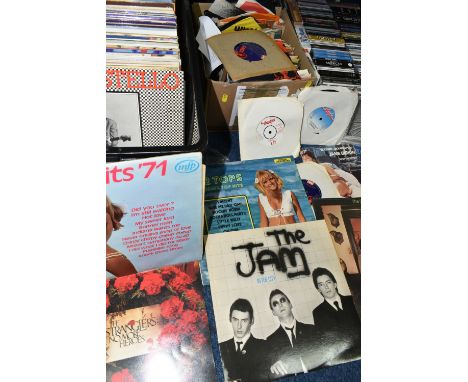 FOUR BOXES OF CDS, LP AND SINGLE RECORDS AND TAPE CASSETTES, over one hundred singles, artists include The Sex Pistols, The S