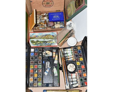 A BOX OF VINTAGE ART MATERIALS, to include a Reeves tin watercolour box, with half pans, tubes, brushes, water pot and empty 