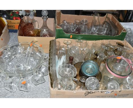 FIVE BOXES AND LOOSE GLASS WARE, to include uranium and coloured pressed glass bowls, plates and vases, a clear punch bowl se