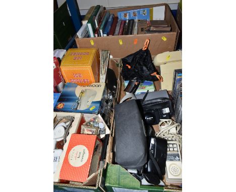 THREE BOXES OF MISCELLANEOUS SUNDRIES, to include .Ds, cream push button phone, an Olympus XA 1, a vintage boxed Pifco electr