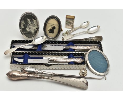 A SELECTION OF SILVERWARE, to include two early Victorian silver fiddle pattern teaspoons, hallmarks for Edinburgh 1850 and L