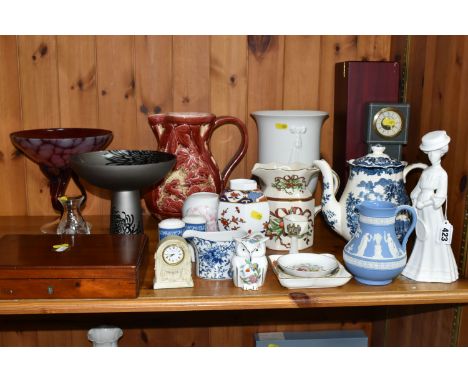 A GROUP OF NAMED CERAMICS, comprising a white Spode 'Alexandra' figurine, an Aynsley 'Pembroke' pattern Owl trinket box, a ca