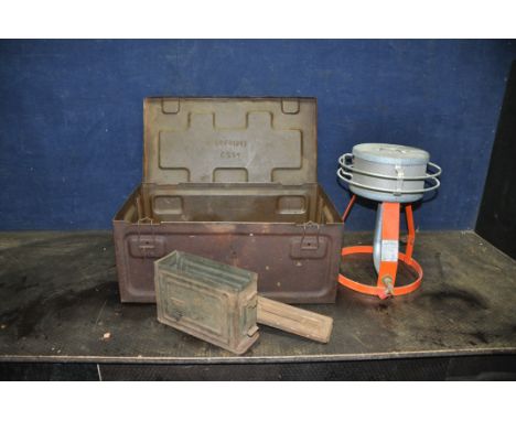 TWO VINTAGE AMMUNITION BOXES the largest being 62cm depth 38cm height 28cm and a Bullfinch No1351 gas Brazier (3)