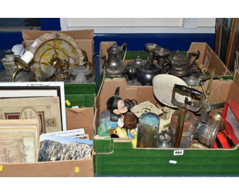FOUR BOXES AND LOOSE METAL WARES, PICTURES, EPHEMERA AND SUNDRY ITEMS, to include an oil lamp, light fittings and light shade