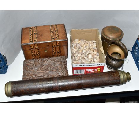 A TELESCOPE, METALWARE, TREEN AND A BOX OF SHELLS, comprising a single draw brass and wooden telescope, length 50.5cm x exten