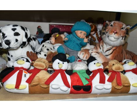 THREE BOXES OF VINTAGE DOLLS AND SOFT TOYS, to include a large plush tiger, Christmas draught excluder, large Dalmatian dog, 