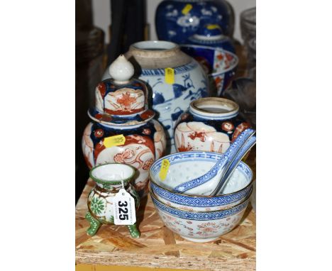 A GROUP OF ORIENTAL GINGER JARS, comprising a large Japanese Imari design bowl, a pair of Imari design ginger jars (one missi