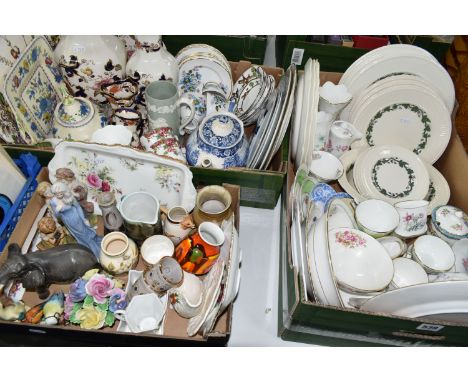 THREE BOXES OF CERAMICS, to include three Mason's Mandalay vases, tallest 31cm, a Mandalay jug, bowl and trinket dish, a Maso