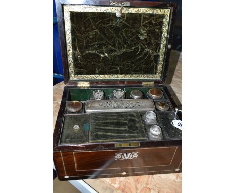 A VICTORIAN MOTHER OF PEARL INLAY VANITY AND JEWELLERY BOX, the fitted interior with silver plate mounted glass jars and bott