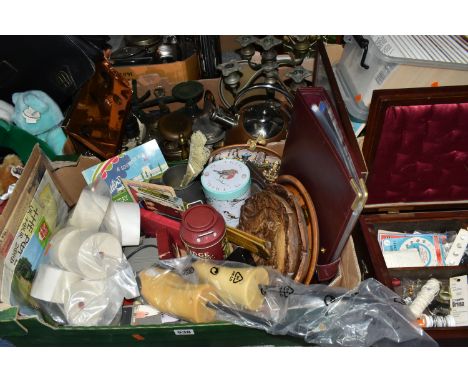 FOUR BOXES AND LOOSE BOOKS, METALWARE, SEWING BOX, BEANIE BABIES AND SUNDRY ITEMS, to include a wooden sewing box with conten
