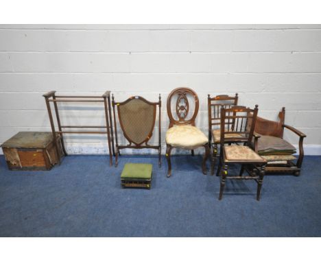 A SELECTION OF OCCASIONAL FURNITURE, to include a Victorian mahogany shield fire screen, with twin finials, turned supports, 