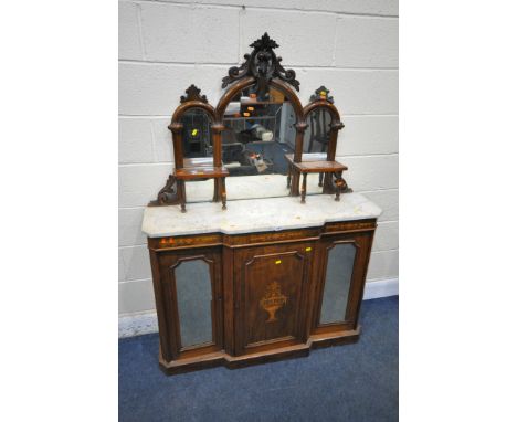 A VICTORIAN WALNUT AND INLAID MARBLE TOP CHIFFONIER, the raised mirror back with foliate detail, two shelves on turned suppor