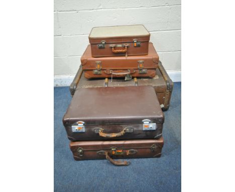 A SELECTION OF VINTAGE LUGGAGE, to include a canvass and wooden banded trunk, width 92cm x depth 57cm x height 32cm, two Foxc