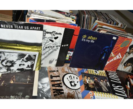 TWO BOXES OF SINGLES RECORDS, approximately two hundred singles, by artists to include A-Ha, Eurythmics, Shakespear's Sister,