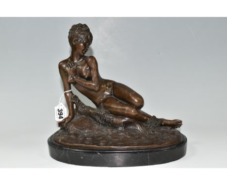 A MODERN BRONZE SCULPTURE, 'Young Woman Bathing' (after Mme. Leon Bertaux) on an oval marble plinth, signed in mould, height 