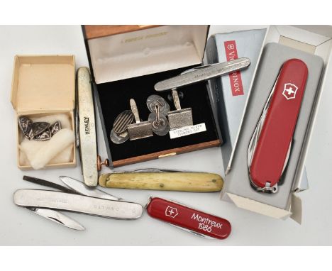 A SELECTION OF PENKNIVES AND CUFFLINKS, to include six penknives including Henley, Gerlach, Victorinox etc., together with th