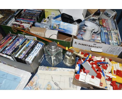 SIX BOXES OF MISCELLANEOUS SUNDRIES, to include a quantity of vintage Lego bricks, video cassettes, a boxed shed alarm system