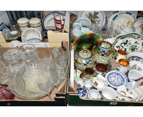 FOUR BOXES OF CERAMICS AND GLASS WARES, to include a Mason's Chartreuse wavy rimmed serving dish, a majolica plate in the for