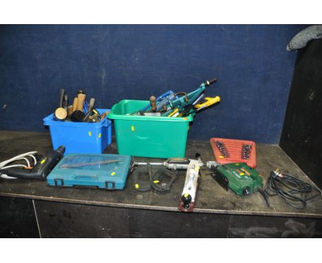 TWO TRAYS CONTAINING HAND AND POWER TOOLS including a Bosch PST700PAE jigsaw, a Black and Decker BD162 drill (both PAT pass a