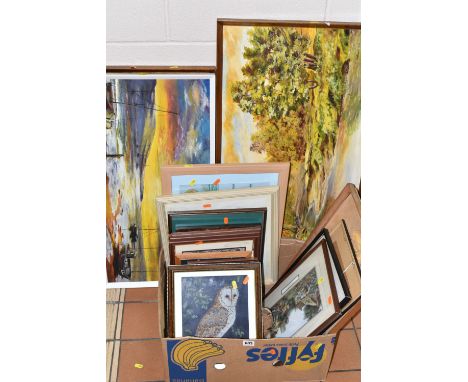 A SMALL QUANTITY OF PAINTINGS AND PRINTS ETC, to include three landscape oils on board signed Satchwell, largest approximate 