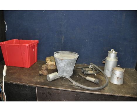 A TRAY CONTAINING VINTAGE COLLECTABLES including a 'Little Joe Bank' cast iron money box ornament (missing box), a cast iron 