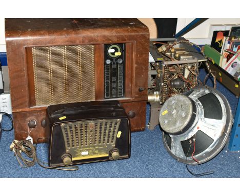 A LARGE BUSH RADIOGRAM, Type P.B 65, a Philips Bakelite radio type 1410, together with a large speaker and case (5) (Conditio