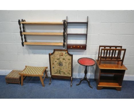 A SELECTION OF OCCASIONAL FURNITURE, to include a mid-century teak magazine rack, two wall hanging shelving units, two stools