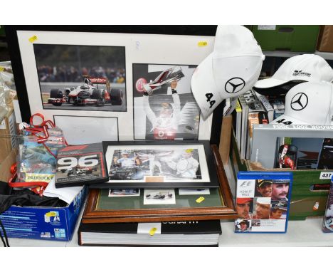 FOUR BOXES &amp; LOOSE OF FORMULA 1 EPHEMERA to include hardback books featuring James Hunt, Lewis Hamilton, Nigel Mansell, D