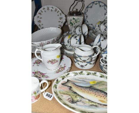 A GROUP OF TEA WARE AND CERAMICS, comprising a Sutherland  china tea set, pattern 1843 comprising two cake plates, milk jug a