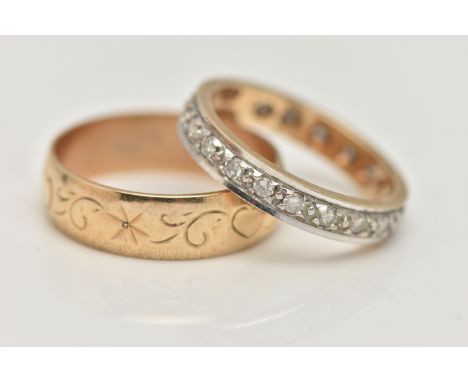 TWO 9CT GOLD BAND RINGS, the first a wide band with engraved heart and foliate pattern, hallmarked 9ct Birmingham, ring size 