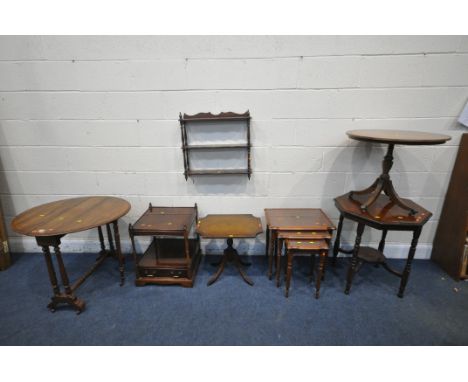 A SELECTION OF MAHOGANY OCCASIONAL FURNTIURE, to include a Sutherland table, open width 80cm x closed width 16cm x depth 72cm