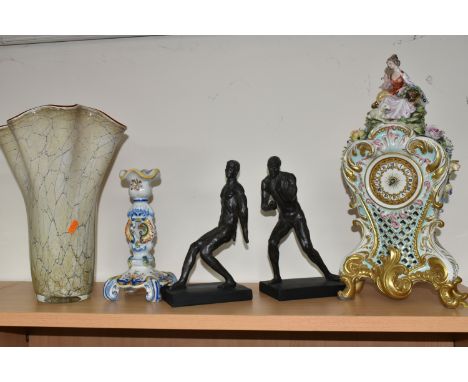 A LARGE FIGURAL PORCELAIN MANTEL CLOCK, Capodimonte, height 45.5cm battery operated, decorated with applied flowers and gilt 