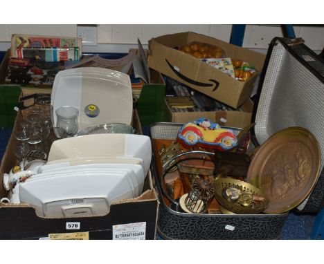 FOUR BOXES OF METALWARE AND SUNDRIES, to include a German animated bird in a cage alarm clock with a chrome hanging stand, ba
