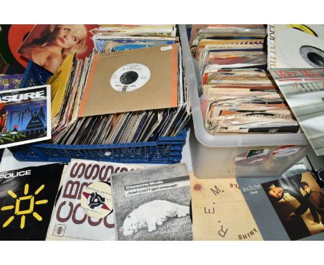 TWO BOXES OF SINGLES RECORDS, approximately two hundred and fifty to three hundred singles, by artists to include The Beatles