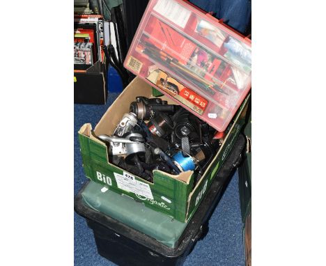 A LARGE QUANTITY OF FISHING RODS AND TACKLE, comprising a seat, floats, hooks, bait boxes, a Storm Rebel 65 reel, a Mitchell 