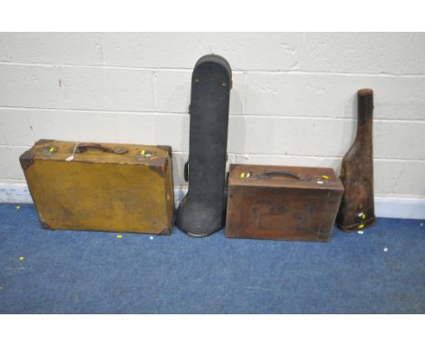 TWO VINTAGE SUITCASES, largest width 72cm x depth 46cm x height 22cm, along with a gun case and instrument case (condition re