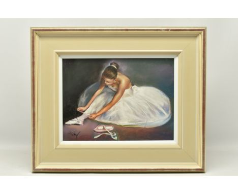 DOMINGO ALVAREZ GOMEZ (SPAIN 1942) 'PERPARANDO', a portrait of female figure putting on her ballet shoes, signed bottom left,