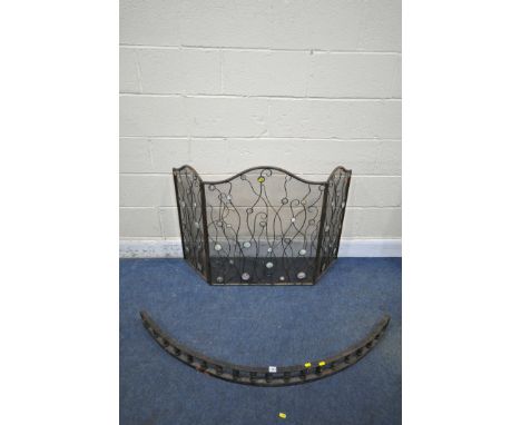 A CAST IRON FENDER, length 130cm, along with a fire screen (condition report: some wear and rust to fender) (2)