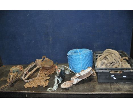 A QUANTITY OF LIFTING EQUIPMENT including two Yale Pul-lifts, a Pelco chain hoist, a rope and pulley  set, a reel of rope, et