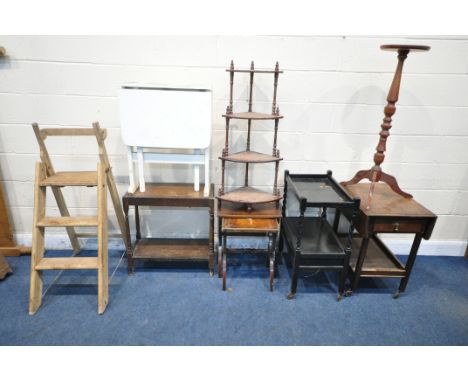 A SELECTION OF OCCSIONAL FURNITURE, to include two trolleys, a torchere stand, a four tier corner what not, a Bevan Funnell n