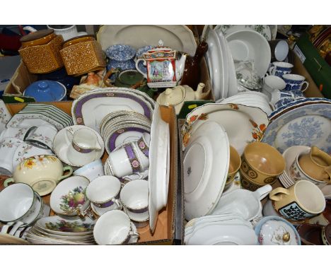 FOUR BOXES OF CERAMIC TEA, DINNER AND KITCHEN WARES, to include two Sadler storage jars with relief patterns, Sadler Romeo &a