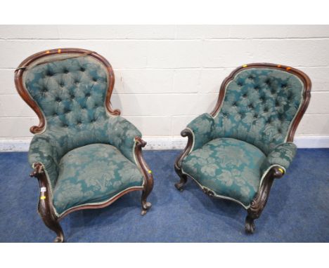 TWO 19TH CENTURY ARMCHAIRS, with arched button back, swept armrests, on front cabriole legs (condition report: both with aged