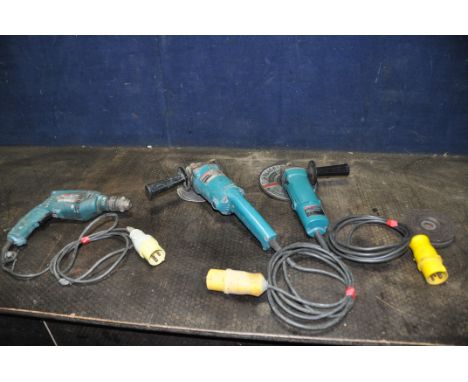 THREE MAKITA 110 VOLT POWER TOOLS comprising of a HP1500 drill, a 9503B angle grinder and a 9005B angle grinder (all working)