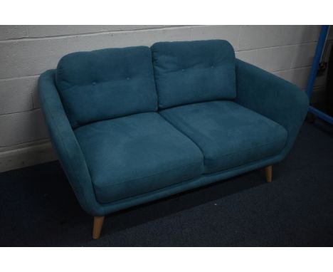 A JOHN LEWIS ARLO TEAL UPHOLSTERED SMALL TWO SEATER SOFA, on beech legs, length 154cm (condition report: good as new)