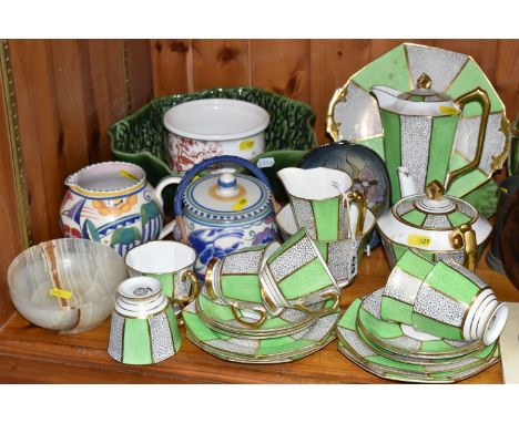 A GROUP OF ROYAL STAFFORD TEAWARE AND POOLE POTTERY, a green, white and gilt art deco design Royal Stafford tea set comprisin