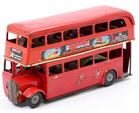 A Triang Minic tinplate and push and go double decker bus comprising red body with Penguin Model Boats and Triang Pedal Motor
